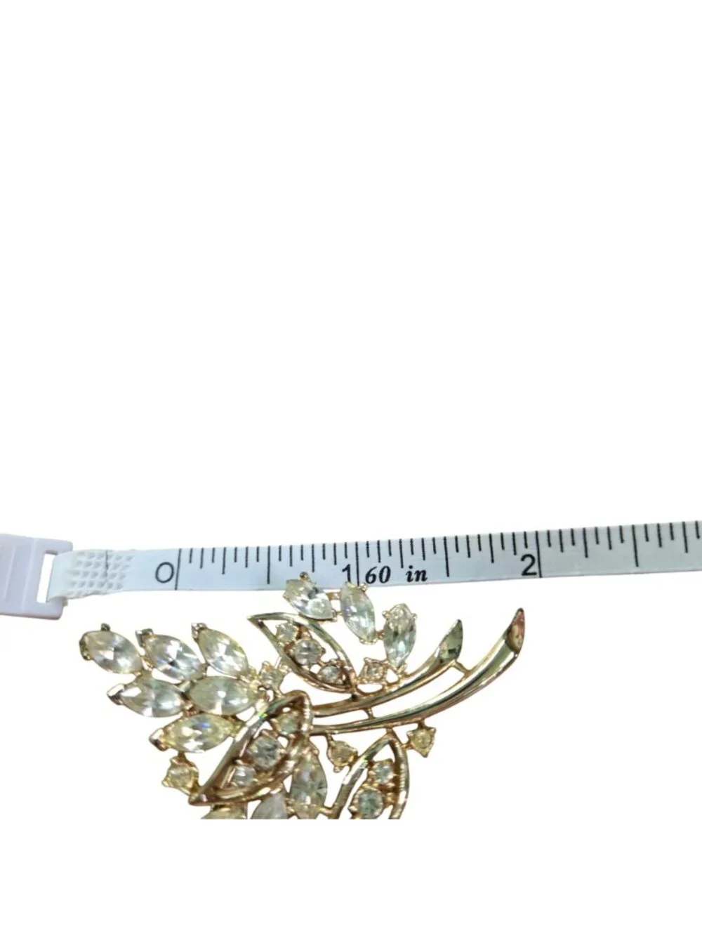 Mid Century Vintage Leaf Clear Rhinestone Goldtone Brooch 2